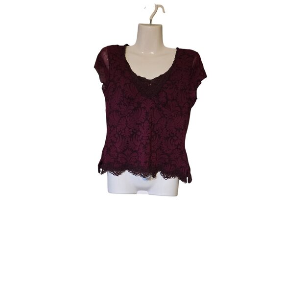 Babydoll Petite Burgundy Y2K Whimpsygoth Grunge Lace Overlay Cap Sleeve Top - PM - Picture 2 of 9